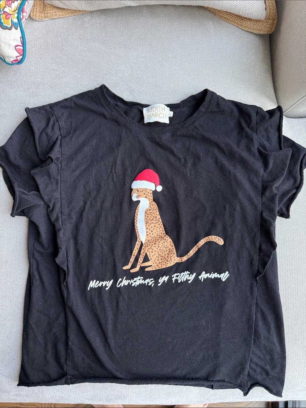 Judith March Black ‘Merry Christmas ya Filthy Animal’ Tee with Leopard Large